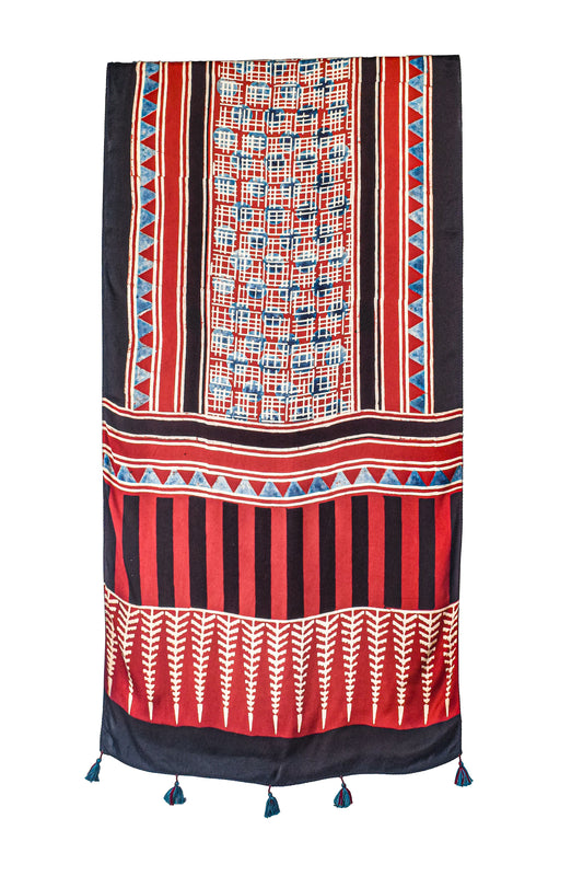 Ajrakh Modal Silk Natural Dye Hand Block Print Stole With Tassels - 2 Mtr Length - SKU : AI2690AD