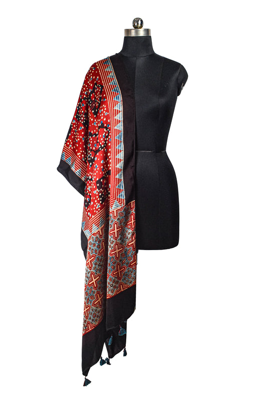 Ajrakh Modal Silk Natural Dye Hand Block Print Stole With Tassels - 2 Mtr Length - SKU : AI2690AE