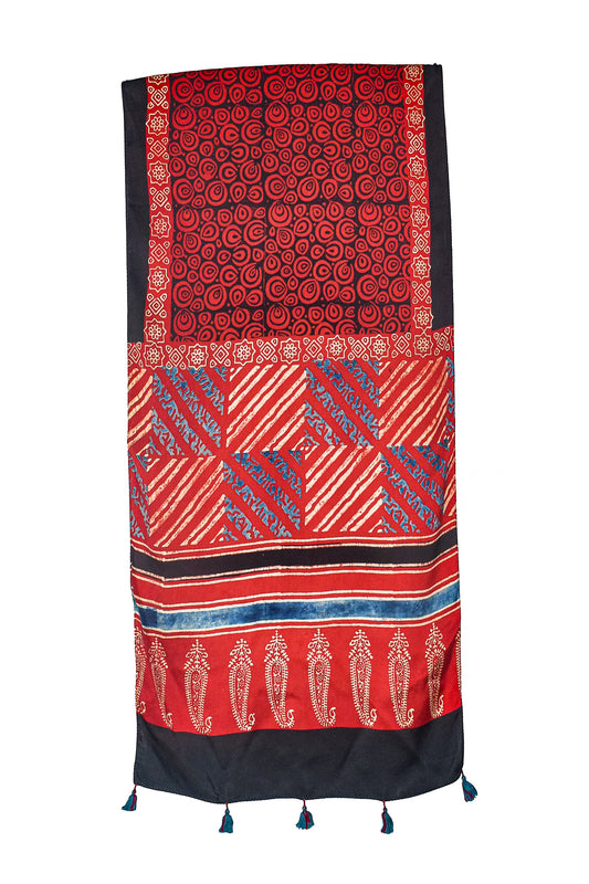 Ajrakh Modal Silk Natural Dye Hand Block Print Stole With Tassels - 2 Mtr Length - SKU : AI2690AF