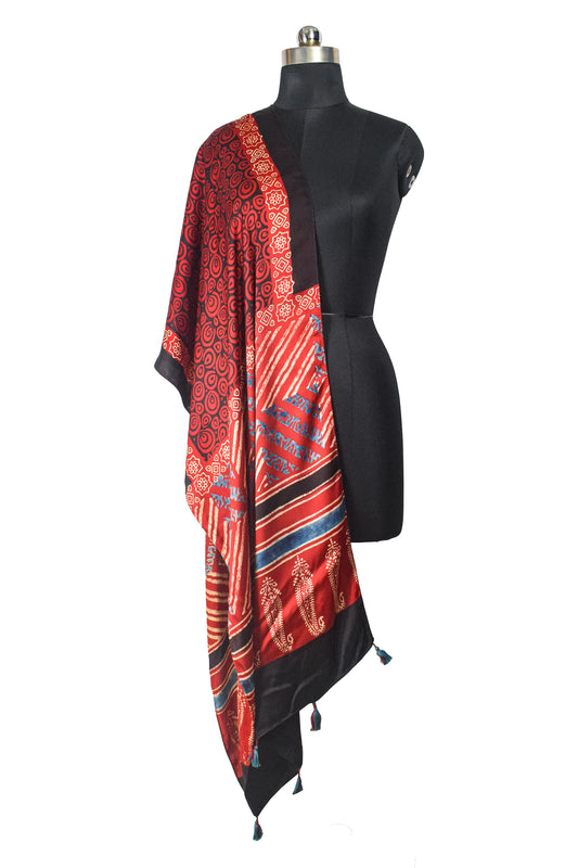 Ajrakh Modal Silk Natural Dye Hand Block Print Stole With Tassels - 2 Mtr Length - SKU : AI2690AF