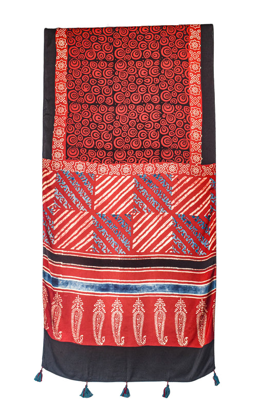 Ajrakh Modal Silk Natural Dye Hand Block Print Stole With Tassels - 2 Mtr Length - SKU : AI2690AF