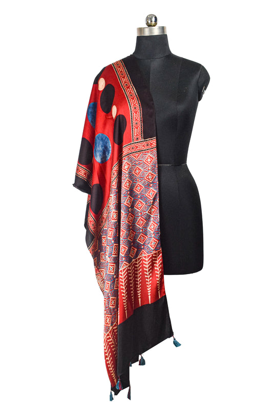Ajrakh Modal Silk Natural Dye Hand Block Print Stole With Tassels - 2 Mtr Length - SKU : AI2690AG