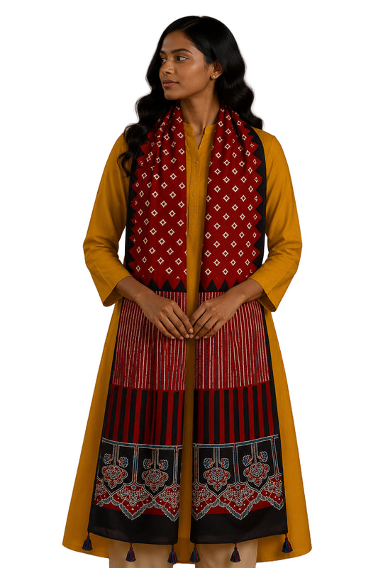 Ajrakh Modal Silk Natural Dye Hand Block Print Stole With Tassels - 2 Mtr Length - SKU : AI2690AH