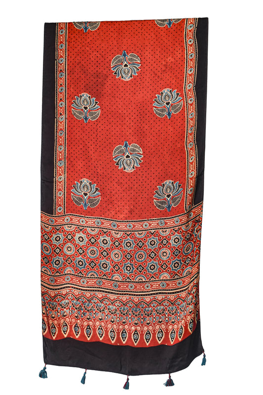 Ajrakh Modal Silk Natural Dye Hand Block Print Stole With Tassels - 2 Mtr Length - SKU : EK11A01J