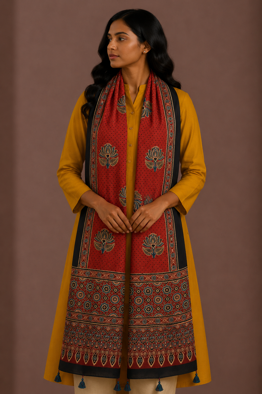 Ajrakh Modal Silk Natural Dye Hand Block Print Stole With Tassels - 2 Mtr Length - SKU : EK11A01J