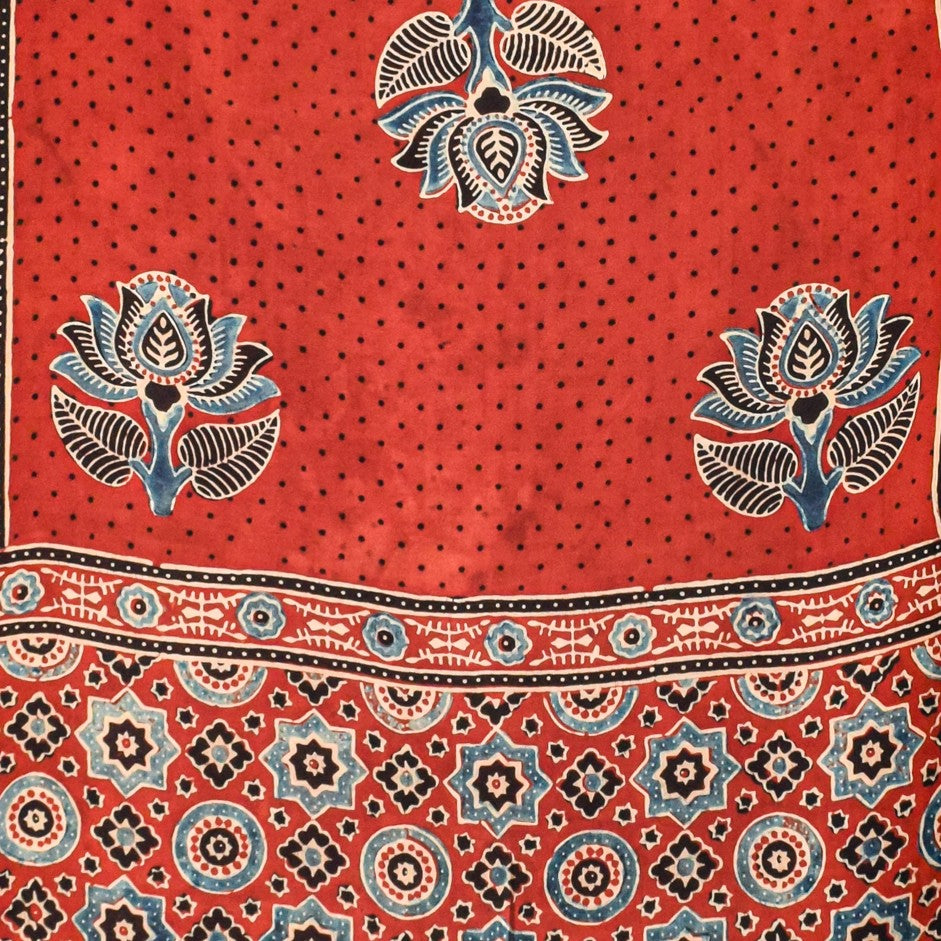 Ajrakh Modal Silk Natural Dye Hand Block Print Stole With Tassels - 2 Mtr Length - SKU : EK11A01J