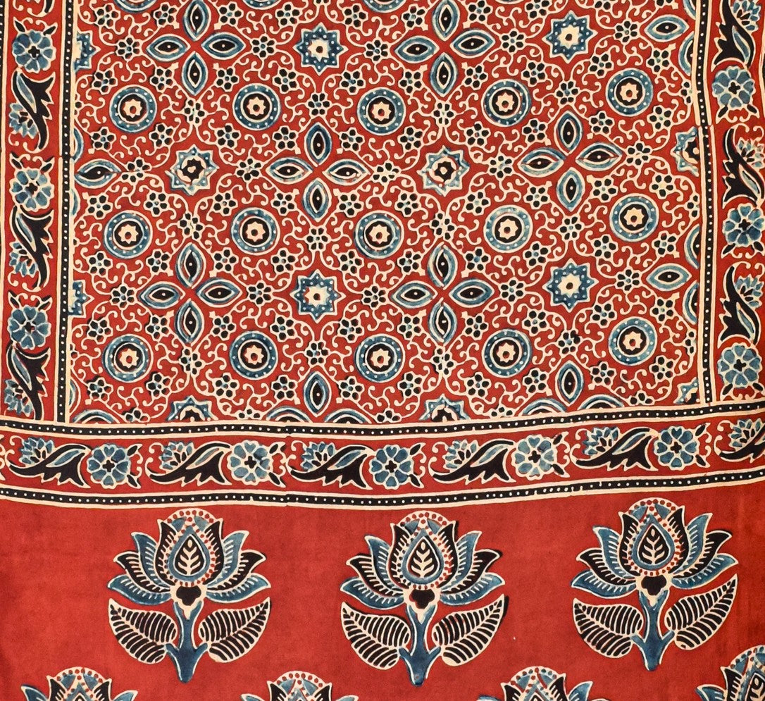 Ajrakh Modal Silk Natural Dye Hand Block Print Stole With Tassels - 2 Mtr Length - SKU : EK11A01O