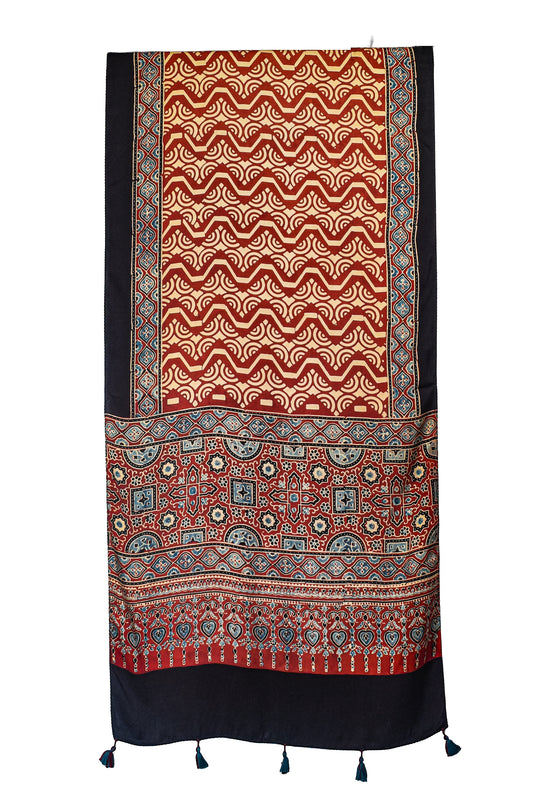 Ajrakh Modal Silk Natural Dye Hand Block Print Stole With Tassels - 2 Mtr Length - SKU : EK11A01R