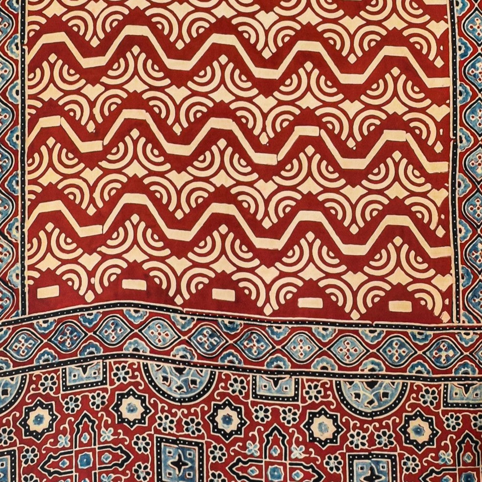 Ajrakh Modal Silk Natural Dye Hand Block Print Stole With Tassels - 2 Mtr Length - SKU : EK11A01R