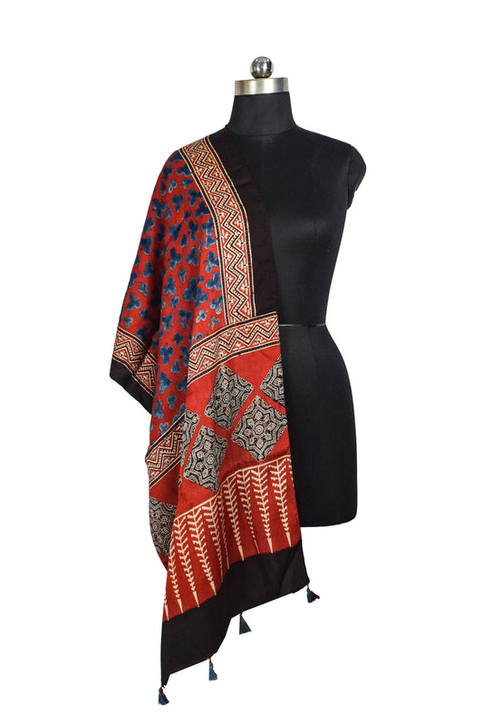 Ajrakh Modal Silk Natural Dye Hand Block Print Stole With Tassels - 2 Mtr Length - SKU : ID10201A