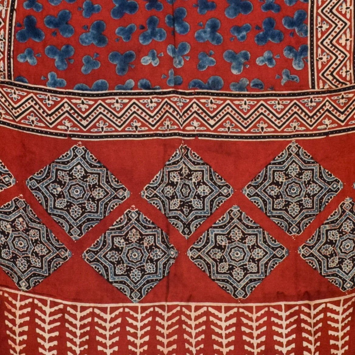 Ajrakh Modal Silk Natural Dye Hand Block Print Stole With Tassels - 2 Mtr Length - SKU : ID10201A