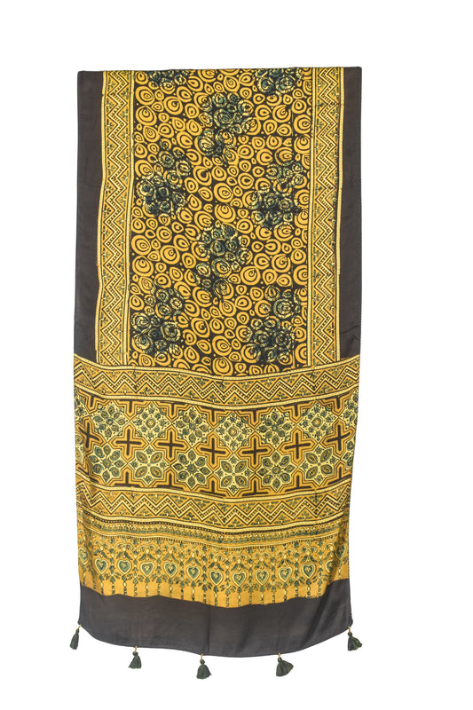Ajrakh Modal Silk Natural Dye Hand Block Print Stole With Tassels - 2 Mtr Length - SKU : EK11A01A