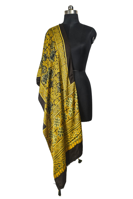 Ajrakh Modal Silk Natural Dye Hand Block Print Stole With Tassels - 2 Mtr Length - SKU : EK11A01A