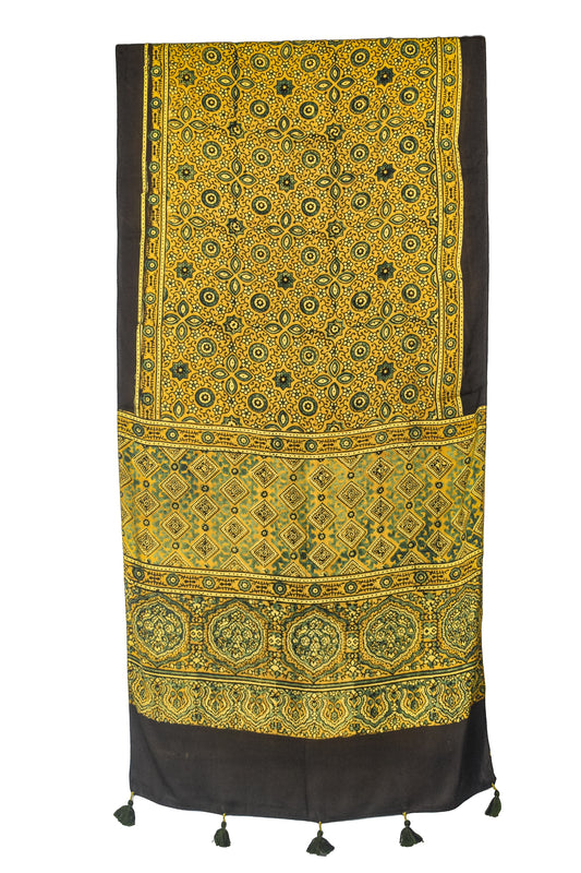Ajrakh Modal Silk Natural Dye Hand Block Print Stole With Tassels - 2 Mtr Length - SKU : EK11A01G