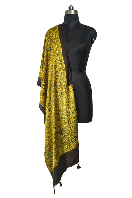 Ajrakh Modal Silk Natural Dye Hand Block Print Stole With Tassels - 2 Mtr Length - SKU : EK11A01P