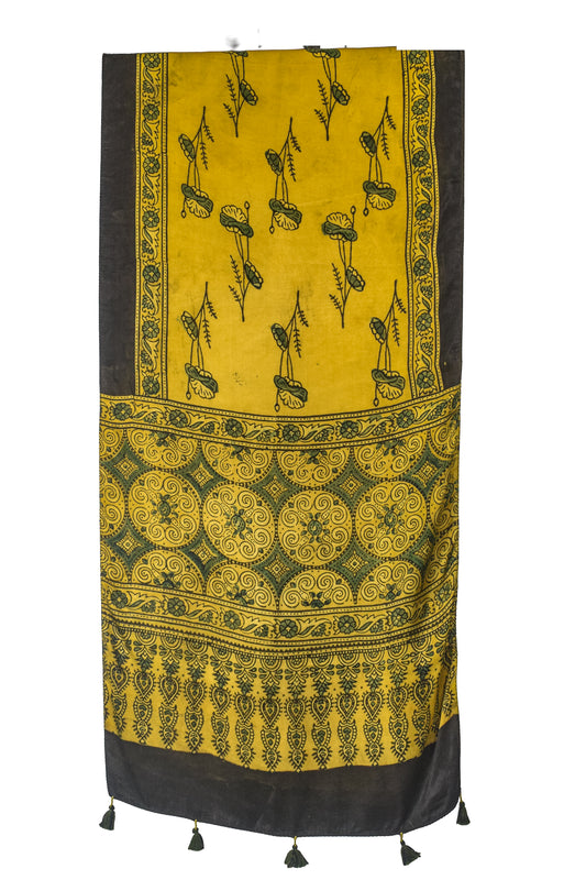 Ajrakh Modal Silk Natural Dye Hand Block Print Stole With Tassels - 2 Mtr Length - SKU : EK11A01X