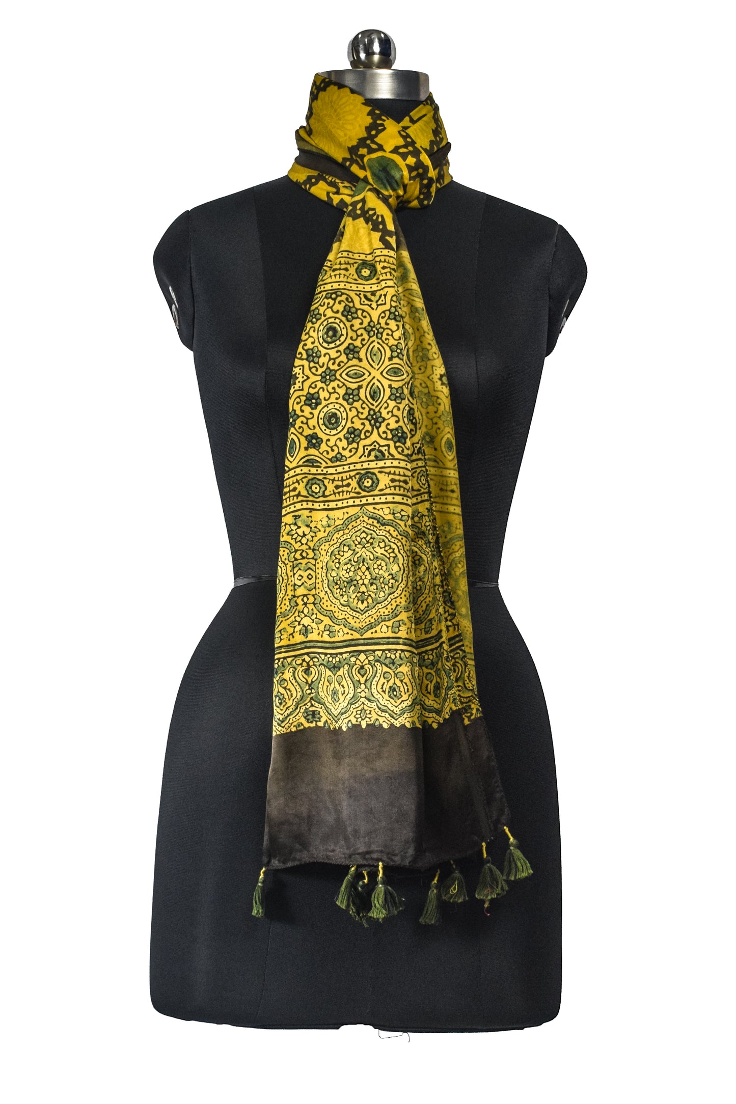 Ajrakh Modal Silk Natural Dye Hand Block Print Stole With Tassels - 2 Mtr Length - SKU : EK11A01Y