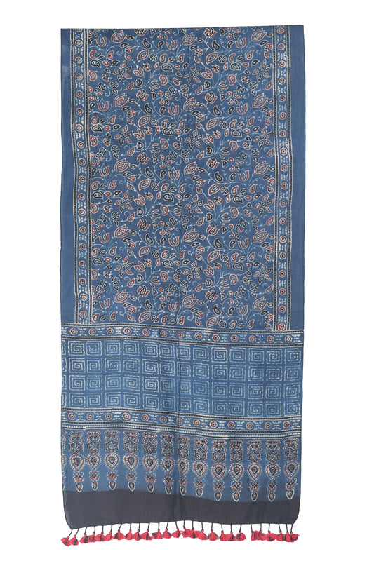 Ajrakh Kala Cotton Natural Dye Hand Block Print Stole With Tassels - 2 Mtr Length - SKU : DB03302F