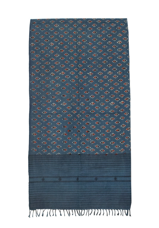 Ajrakh Kala Cotton Natural Dye Hand Block Print Stole With Tassels - SKU : DB28501A