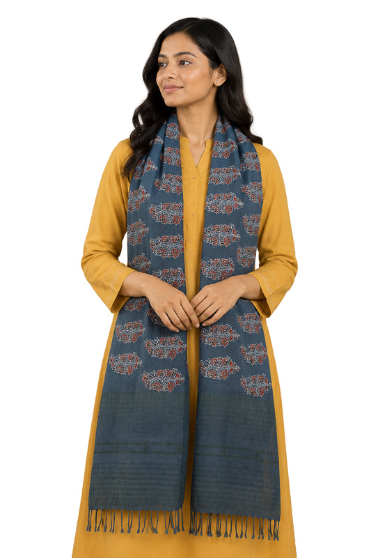 Ajrakh Kala Cotton Natural Dye Hand Block Print Stole With Tassels - SKU : DB28501D