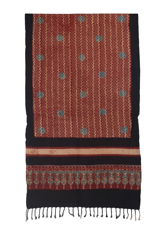 Ajrakh Kala Cotton Natural Dye Hand Block Print Stole With Tassels - 2 Mtr Length - SKU : EK26801I