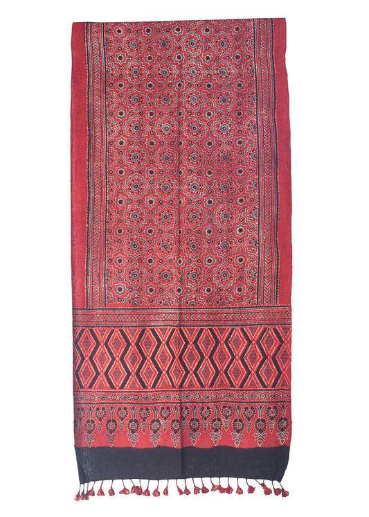 Ajrakh Kala Cotton Natural Dye Hand Block Print Stole With Tassels - 2 Mtr Length - SKU : DB03302B