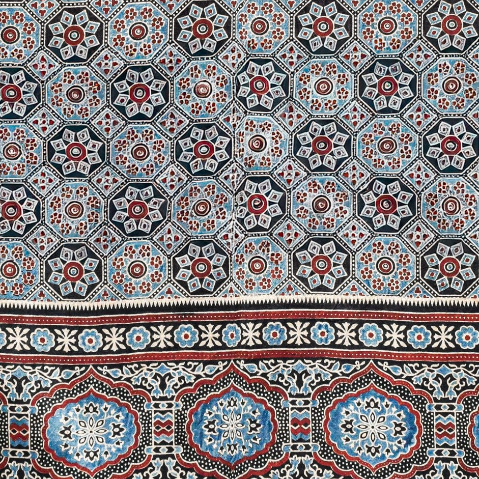 Ajrakh Mashru Silk Natural Dye Three Colour Print ( 3 Kam ) Screen Print Hand Printed Stole - 2.1 Mtr Length - SKU : JH02C01O