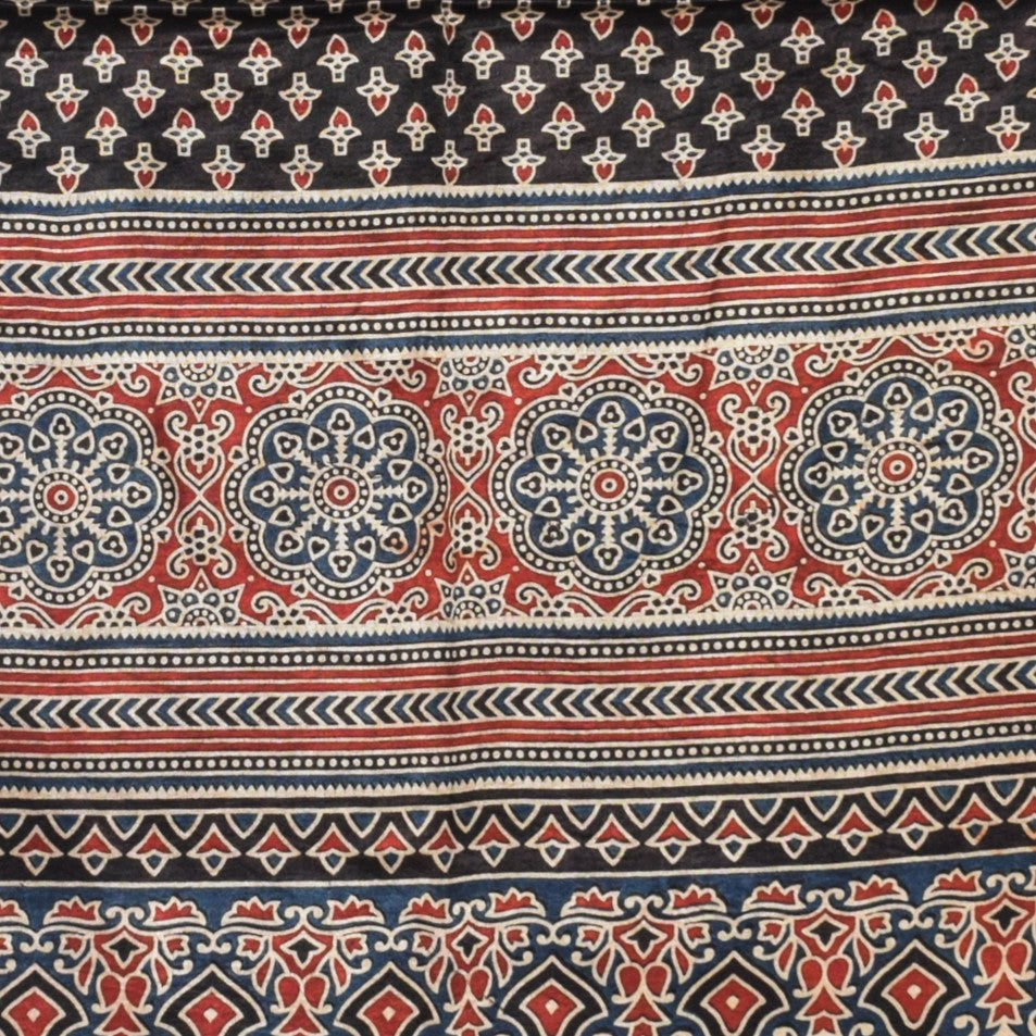 Ajrakh Mashru Silk Natural Dye Three Colour Print | 3 Kam | Screen Print Hand Printed Stole - 2.1 Mtr Length - SKU : JH09A01I