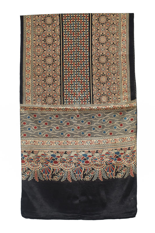 Ajrakh Mashru Silk Natural Dye Three Colour Print | 3 Kam | Screen Print Hand Printed Stole - 2.1 Mtr Length - SKU : JH09A01N