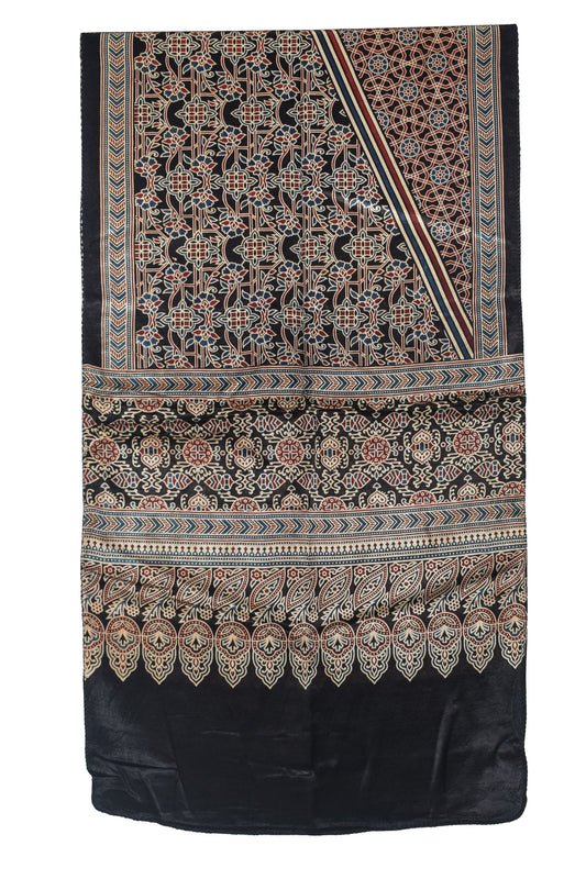 Ajrakh Mashru Silk Natural Dye Three Colour Print | 3 Kam | Screen Print Hand Printed Stole - 2.1 Mtr Length - SKU : JH09A01S