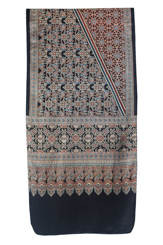 Ajrakh Mashru Silk Natural Dye Screen Print Hand Printed Stole - 2.1 Mtr Length - SKU : JH25601M