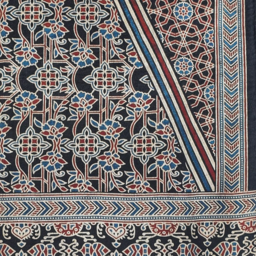 Ajrakh Mashru Silk Natural Dye Screen Print Hand Printed Stole - 2.1 Mtr Length - SKU : JH25601M