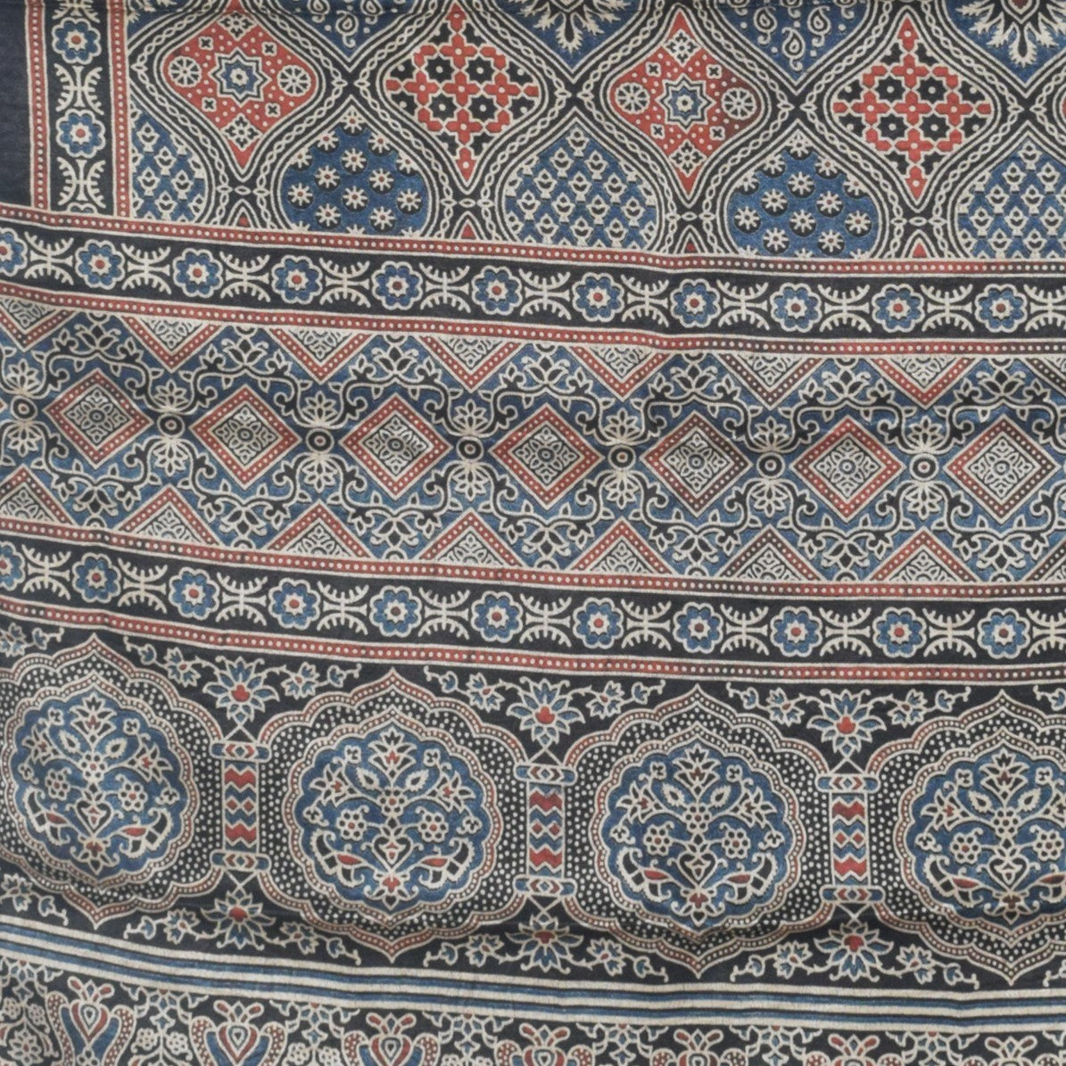 Ajrakh Mashru Silk Natural Dye Three Colour Print | 3 Kam | Screen Print Hand Printed Stole - 2.1 Mtr Length - SKU : RD22703A