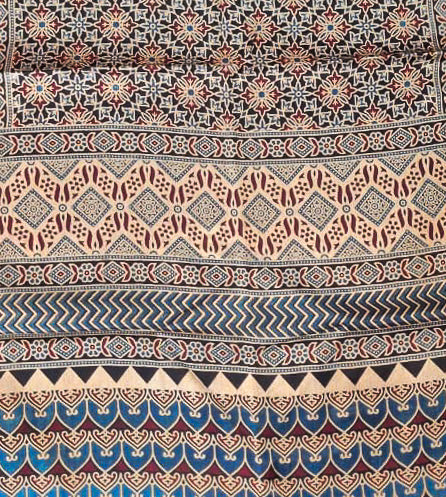Ajrakh Mashru Silk Natural Dye Three Colour Print | 3 Kam | Screen Hand Printed Stole - 2.1 Mtr Length - SKU : JH29701P