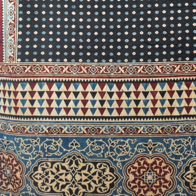 Ajrakh Mashru Silk Natural Dye Three Colour Print | 3 Kam | Screen Hand Printed Stole - 2.1 Mtr Length - SKU : JH29701X