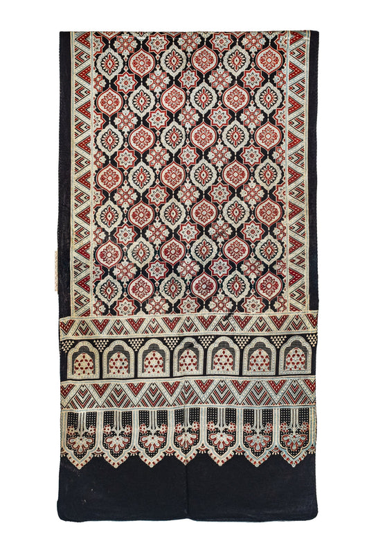 Ajrakh Mashru Silk Natural Dye Three Colour Print ( 3 Kam ) Screen Print Hand Printed Stole - 2.1 Mtr Length - SKU : JH02C01B