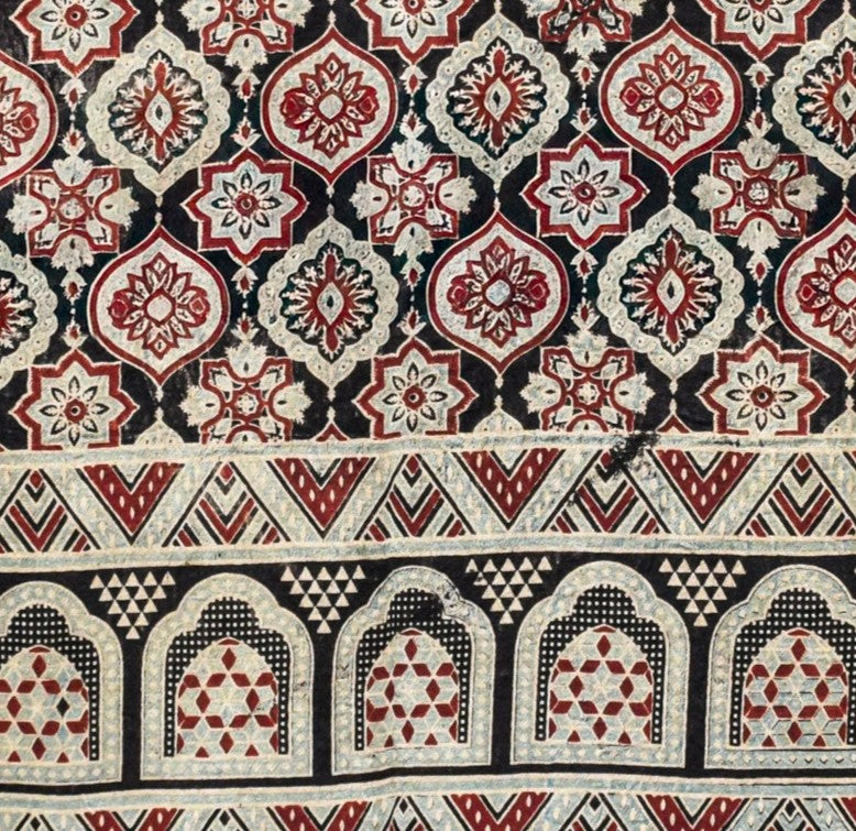 Ajrakh Mashru Silk Natural Dye Three Colour Print ( 3 Kam ) Screen Print Hand Printed Stole - 2.1 Mtr Length - SKU : JH02C01B