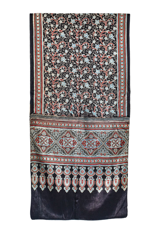 Ajrakh Mashru Silk Natural Dye Three Colour Print ( 3 Kam ) Screen Print Hand Printed Stole - 2.1 Mtr Length - SKU : JH02C01F