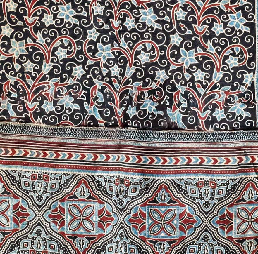 Ajrakh Mashru Silk Natural Dye Three Colour Print ( 3 Kam ) Screen Print Hand Printed Stole - 2.1 Mtr Length - SKU : JH02C01F