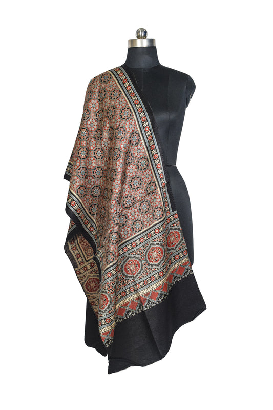 Ajrakh Mashru Silk Natural Dye Three Colour Print ( 3 Kam ) Screen Print Hand Printed Stole - 2.1 Mtr Length - SKU : JH02C01P