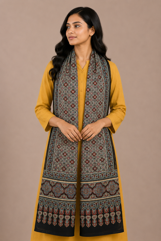 Ajrakh Mashru Silk Natural Dye Three Colour Print ( 3 Kam ) Screen Print Hand Printed Stole - 2.1 Mtr Length - SKU : JH02C01U