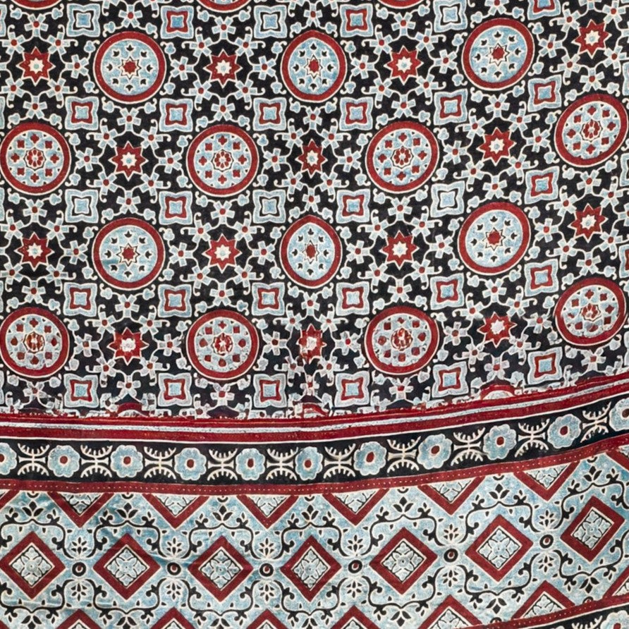 Ajrakh Mashru Silk Natural Dye Three Colour Print ( 3 Kam ) Screen Print Hand Printed Stole - 2.1 Mtr Length - SKU : JH02C01Z