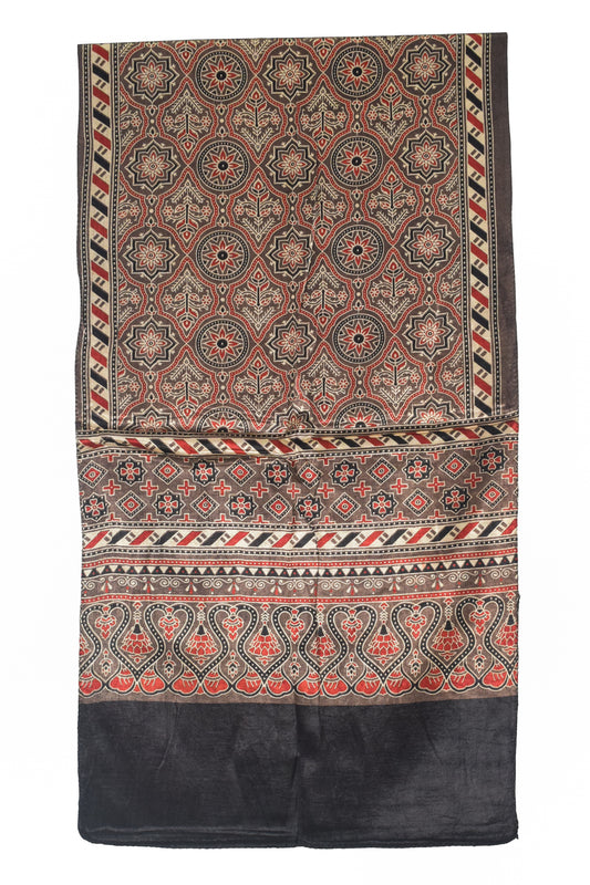 Ajrakh Mashru Silk Natural Dye Three Colour Print | 3 Kam | Screen Print Hand Printed Stole - 2.1 Mtr Length - SKU : JH09A01K