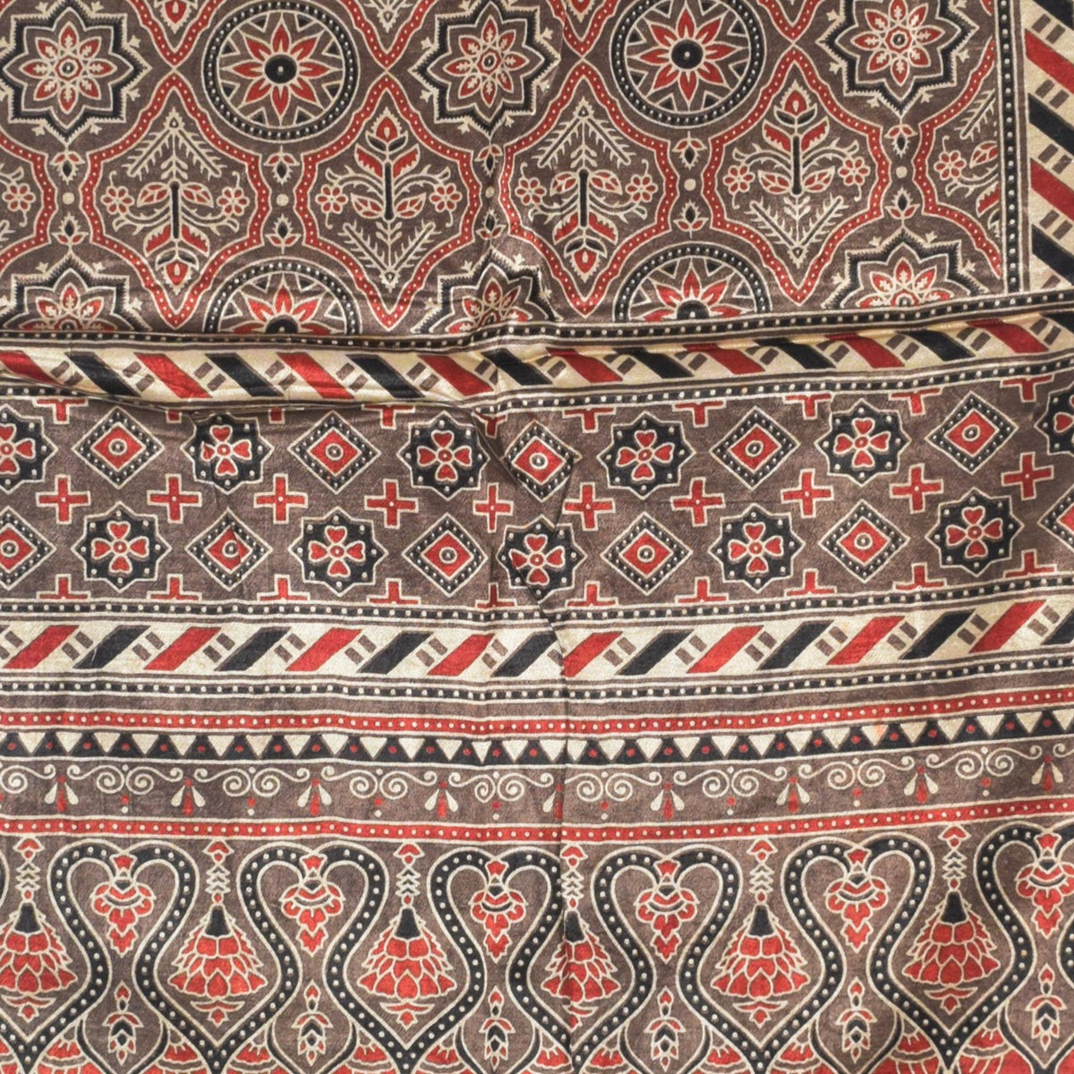 Ajrakh Mashru Silk Natural Dye Three Colour Print | 3 Kam | Screen Print Hand Printed Stole - 2.1 Mtr Length - SKU : JH09A01K