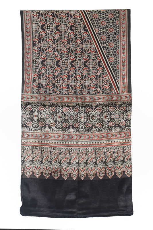 Ajrakh Mashru Silk Natural Dye Three Colour Print | 3 Kam | Screen Print Hand Printed Stole - 2.1 Mtr Length - SKU : JH09A01P