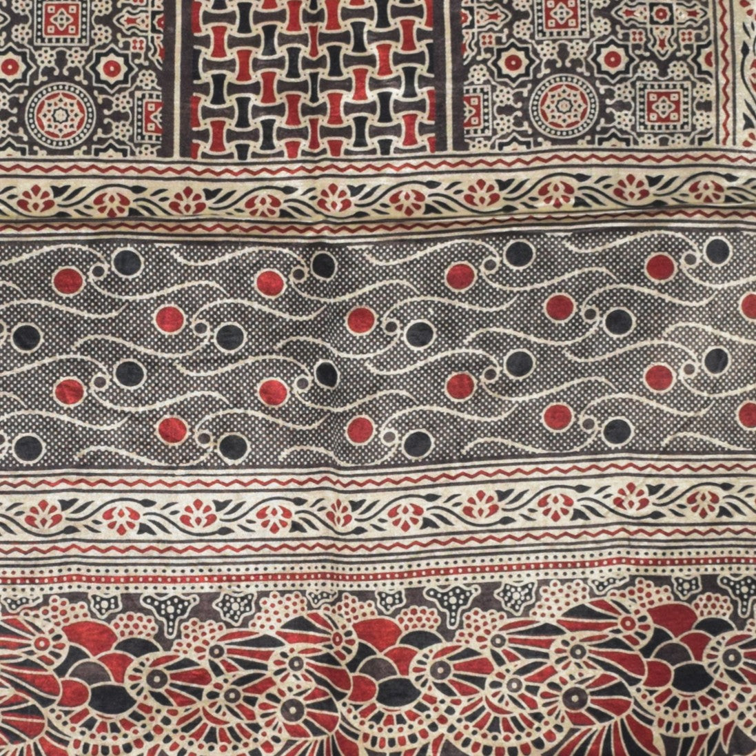 Ajrakh Mashru Silk Natural Dye Three Colour Print | 3 Kam | Screen Print Hand Printed Stole - 2.1 Mtr Length - SKU : JH09A01U