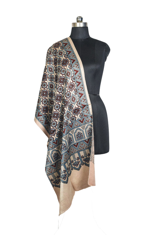 Ajrakh Mashru Silk Natural Dye Three Colour Print ( 3 Kam ) Screen Print Hand Printed Stole - 2.1 Mtr Length - SKU : JH02C01A