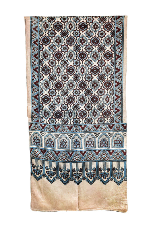 Ajrakh Mashru Silk Natural Dye Three Colour Print ( 3 Kam ) Screen Print Hand Printed Stole - 2.1 Mtr Length - SKU : JH02C01A