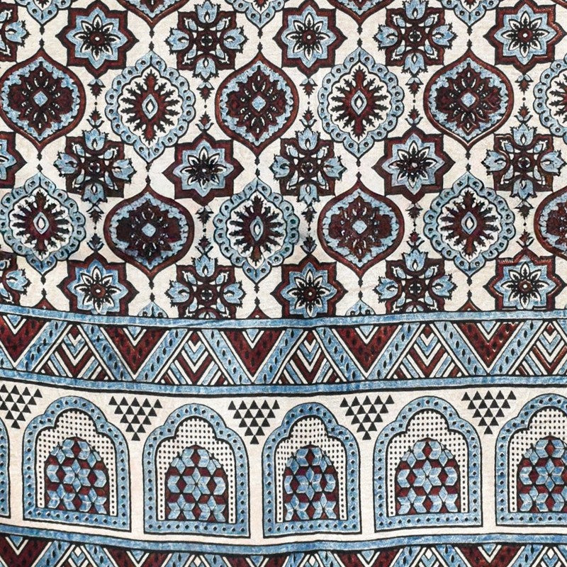 Ajrakh Mashru Silk Natural Dye Three Colour Print ( 3 Kam ) Screen Print Hand Printed Stole - 2.1 Mtr Length - SKU : JH02C01A