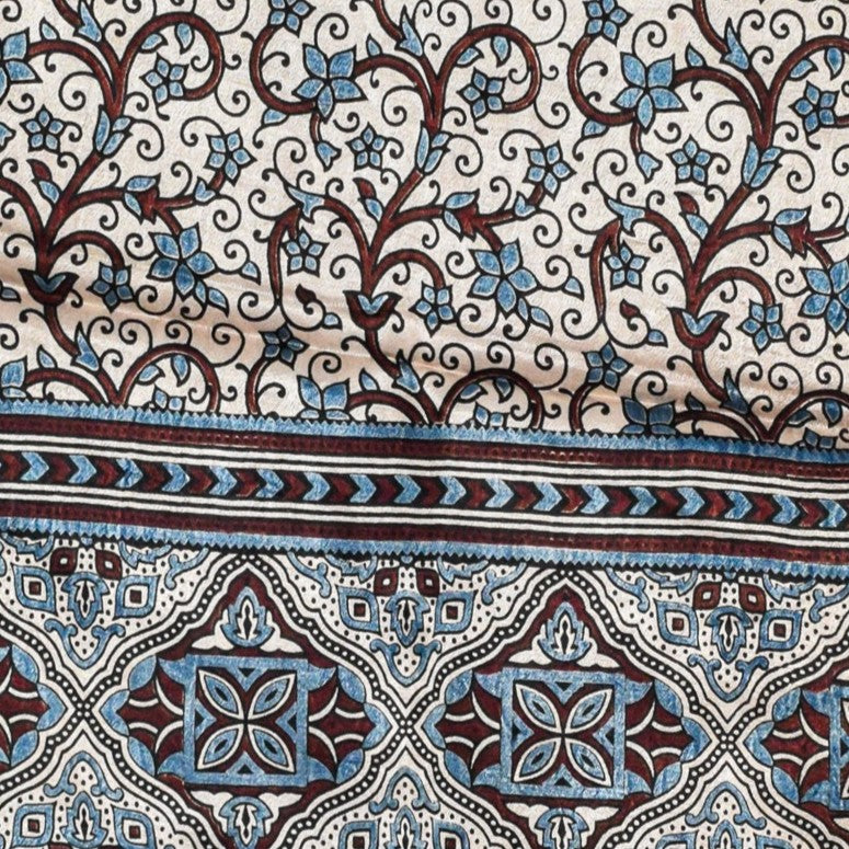 Ajrakh Mashru Silk Natural Dye Three Colour Print ( 3 Kam ) Screen Print Hand Printed Stole - 2.1 Mtr Length - SKU : JH02C01J